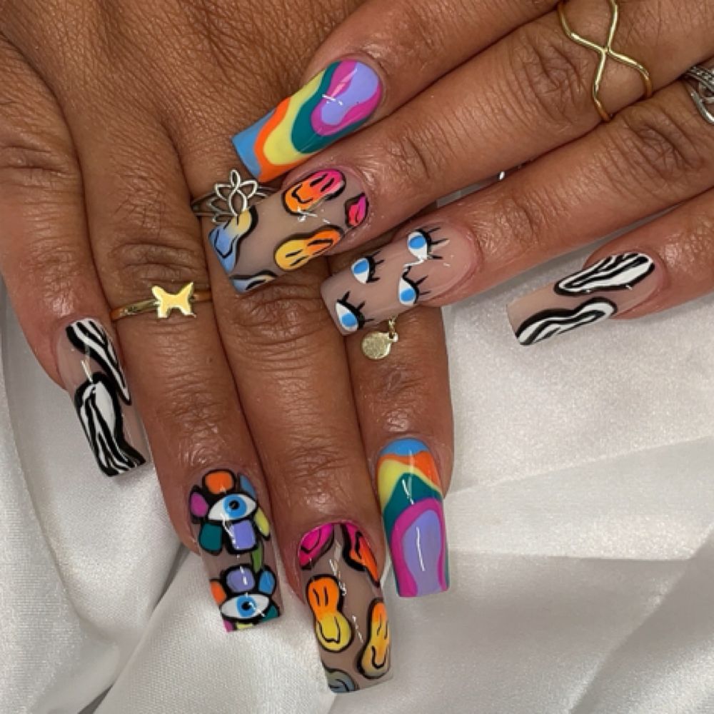 Colourful hand-painted nail art